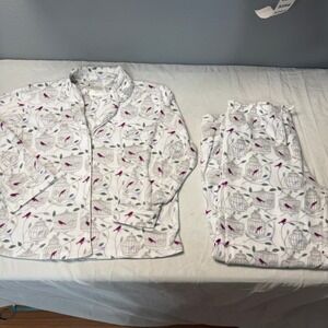 Coeur d'Alene Womens Cozy Pajama Set L White Birdcage Purple Fleece Sleepwear